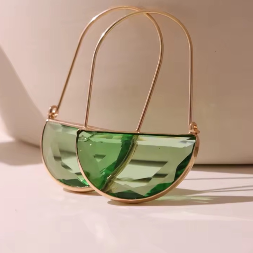 Anthropologie Light Green Glass Crescent Hoop Gold Earrings - Picture 1 of 6
